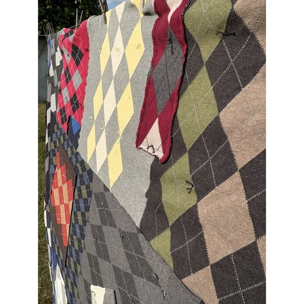 Vintage Hand Tied Argyle Knit Sweater Quilt Blanket Preppy Cotton Back Upcycled